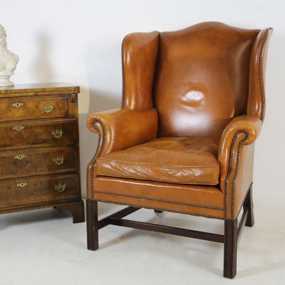 Dark tan leather wing back chair - SOLD REF INV NO: 117969