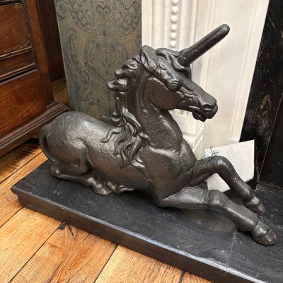 Amazing pair of 19th century cast iron lion unicorn Andirons (Circa 1890)