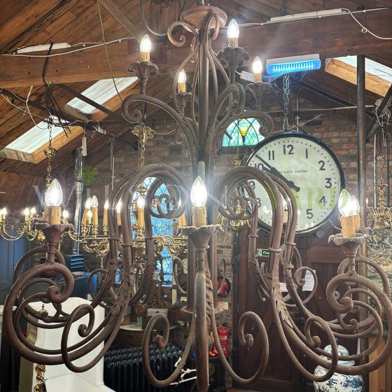 Large vintage metal chandelier in original patina 