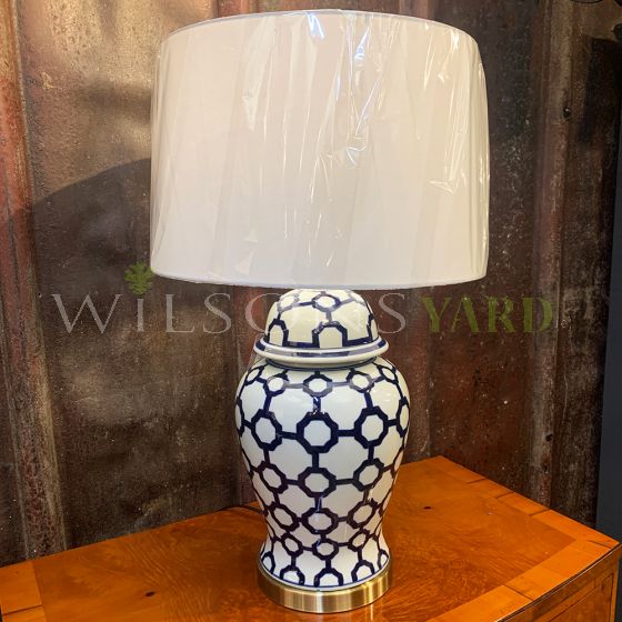 Blue china table lamp with shade